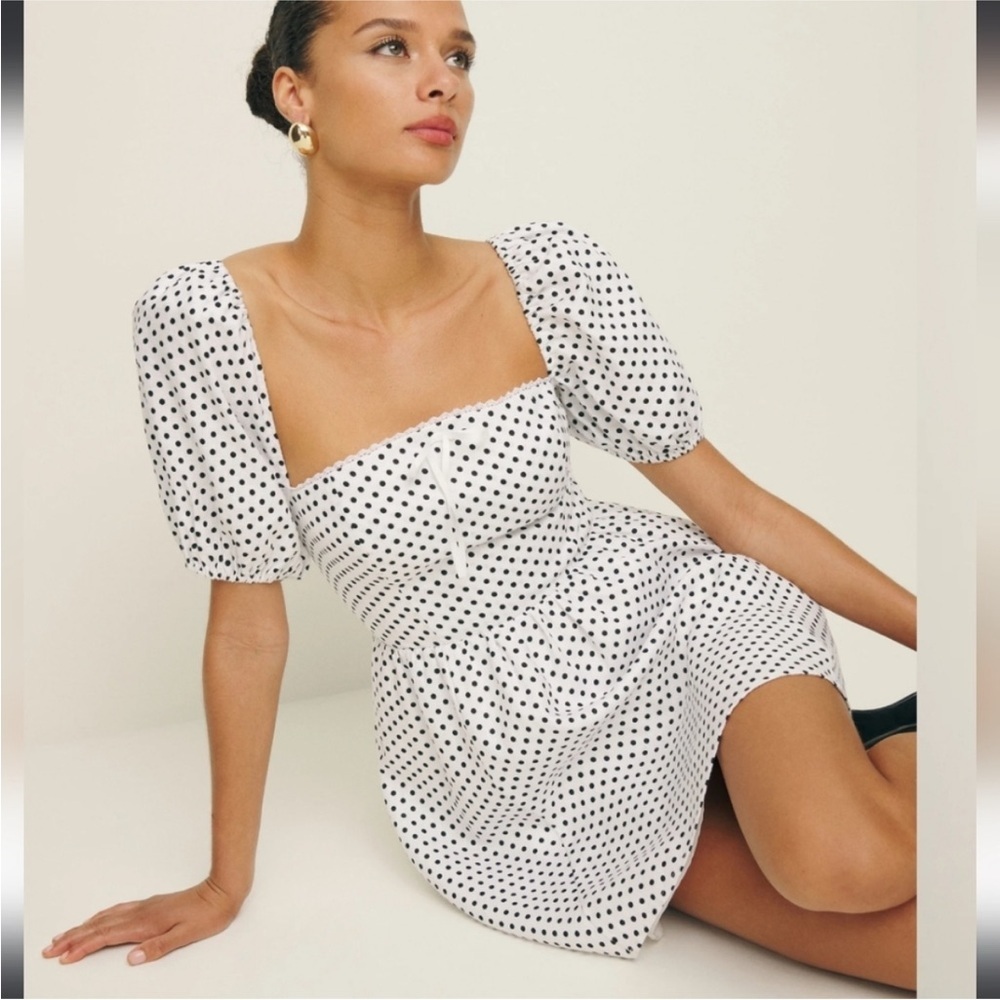 Reformation Malvina Linen Puff Sleeves Dress Polka Dot Black White - Size 6 B9